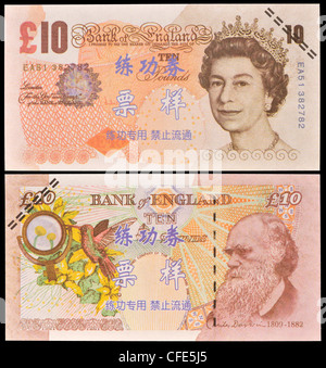 Testen Sie Banknoten für die Ausbildung in chinesischen Banken verwendet. GB 10 Pfund Sterling Stockfoto