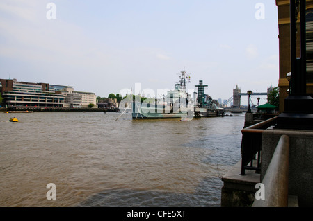 HMS Belfast Prow, gegenüber der City of London, Financial Area, London Börse, Versicherung, Finanzen, Banking, Thames River, South Bank, UK Stockfoto