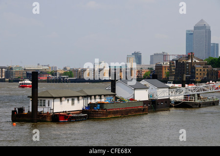 Canary Wharf, Skyline, Aussicht vom oberen Reichweiten der Themse, Lastkähne, Docks, Thames River Schleife, London Stockfoto