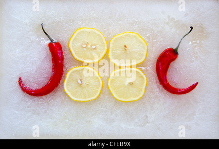 Zitronenscheiben und zwei rote Paprika im Eis Stockfoto