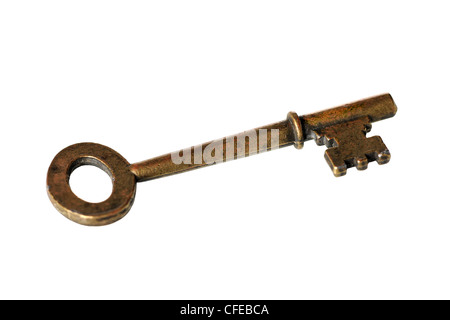 Vintage Skelett Messing Schlüssel isoliert auf weißem Hintergrund Stockfoto