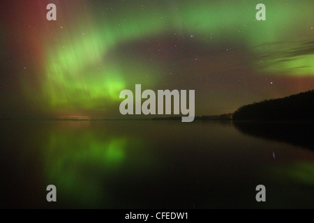 Nordlichter (Aurora Borealis) reflektieren, ruhigen Wasser des Sees Saadjärv. Europa, Estland Stockfoto