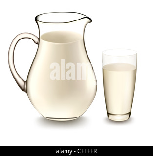 Milchkännchen und ein Glas Milch. Stockfoto