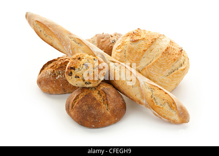 Verschiedene Arten von Brot auf weißem Hintergrund Stockfoto