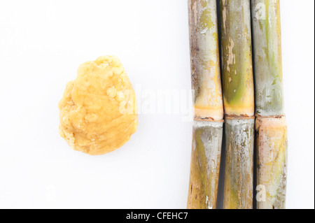 Zuckerrohr mit Jaggery (unraffiniertem Rohrohrzucker) auf weißem Hintergrund Stockfoto