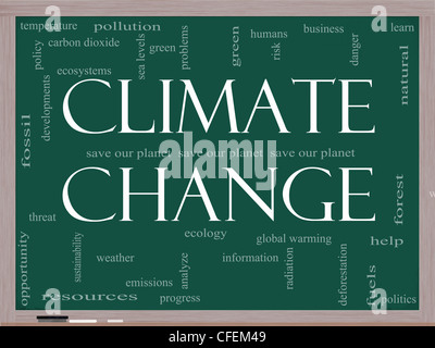 Eine Klimawandel Word Cloud-Konzept auf einer Tafel mit Begriffen wie speichern, Planet, globale, Erwärmung, grün und vieles mehr. Stockfoto