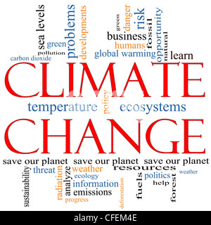 Eine Klimawandel Word Cloud-Konzept mit Begriffen wie Planeten zu retten, globale, Erwärmung, grün, Verschmutzung und vieles mehr. Stockfoto