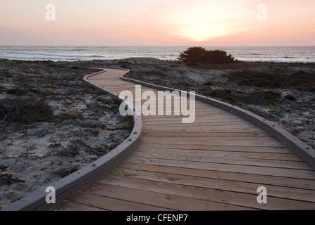 Sonnenuntergang über einen Fußweg durch die Sanddünen im Asilomar State Park in Kalifornien Stockfoto