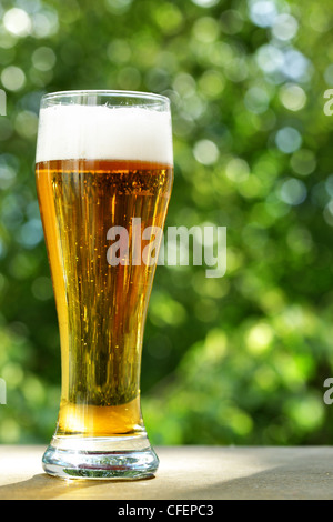 Bierglas auf der Tabelle Nahaufnahme, Hintergrund ist unscharf Stockfoto