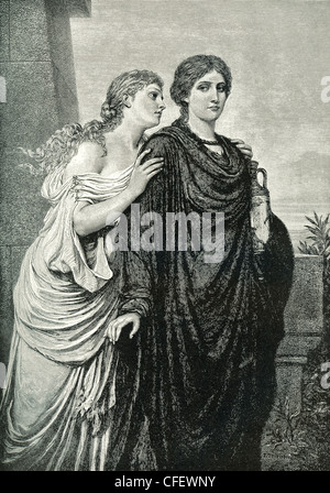 Antigone war die Tochter des griechischen Königs Ödipus und seine Frau Iokaste. Hier wird sie mit ihrer Schwester Ismene angezeigt. Stockfoto