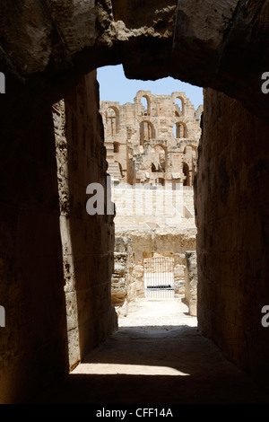 Durch einen Torbogen der elliptische Arena und Innere des herrlichen Honig farbigen antiken römischen Amphitheater in El Jem Stockfoto