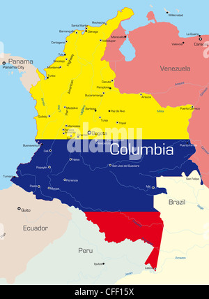 Abstrakte Farbe Vektorkarte von Kolumbien Land durch Nationalflagge gefärbt Stockfoto