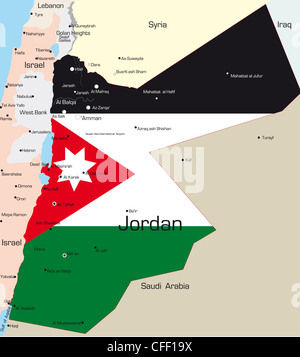 Abstrakte Farbe Vektorkarte von Jordanien Land durch Nationalflagge gefärbt Stockfoto