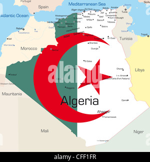 Abstrakte Farbe Vektorkarte von Algerien Land durch Nationalflagge gefärbt Stockfoto