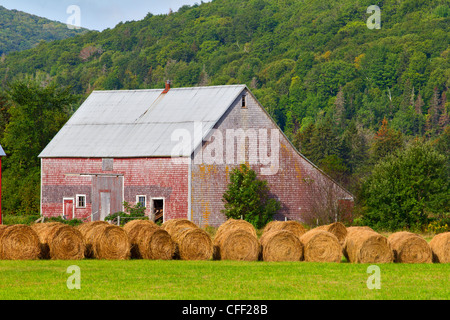 Scheunen und Ballen Heu Margaree, Cape Breton, Nova Scotia, Kanada Stockfoto