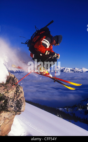 Skifahren Frischpulver in Schüssel über am Kicking Horse Resort, Golden, British Columbia, Kanada. Stockfoto