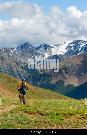 Mountainbiker reitet den Weg nach unten von Deer Pass, südlichen Chilcotin Mountains, British Columbia, Kanada. Stockfoto