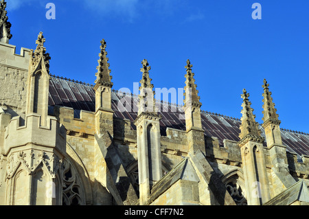 Detail des Daches oberhalb der Südseite des Kirchenschiffs der Kathedrale von Exeter, Devon, England, UK - zeigt die Strebebögen. Stockfoto