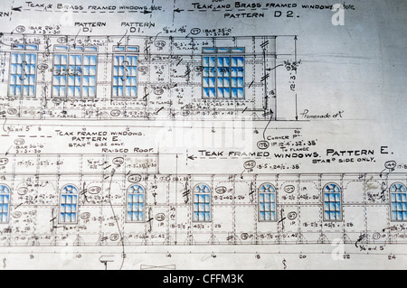 Ursprünglichen technischen Zeichnungen Pläne von dem Promenadendeck auf der Titanic auf die Ausstellung Titanica, Belfast Stockfoto