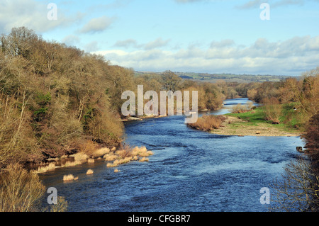 Fluss Wye bei Hay on Wye, die Welt berühmte Stadt der Bücher und die Heimat der Hay Festival. Anfang März fotografiert. Stockfoto