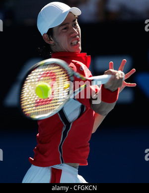 Kei Nishikori (JPN) bei den Australian Open 2012, ITF Grand-Slam-Tennis-Turnier, Melbourne Park, Australien. Stockfoto