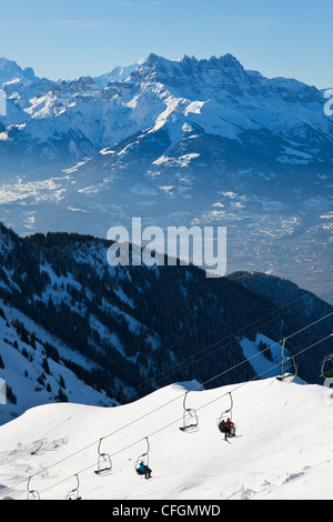 Skifahren in Leysin, Schweiz Stockfoto