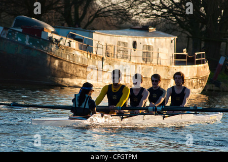 Ruderer bei Sonnenuntergang auf dem Fluss Cam in der Nähe von Cambridge, England. Stockfoto