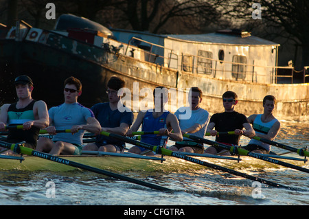 Ruderer bei Sonnenuntergang auf dem Fluss Cam in der Nähe von Cambridge, England. Stockfoto