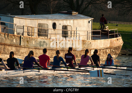 Ruderer bei Sonnenuntergang auf dem Fluss Cam in der Nähe von Cambridge, England. Stockfoto