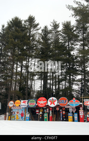 Eine bunte Sammlung von Oldtimer Gaspumpen unter immergrünen Bäumen in New Hampshire Stockfoto