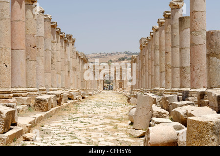 Jerash. Jordanien. Blick entlang des nördlichen Endes der Colonnaded Straße oder Cardo Maximus in Richtung Tor Nord, markiert die Stockfoto