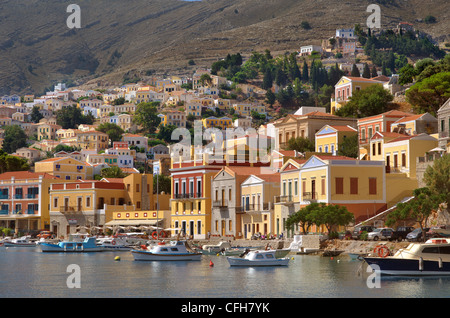 Hafen von Symi, griechischen Insel Symi, Ägäis Dodekanes Inselgruppe, Griechenland Stockfoto