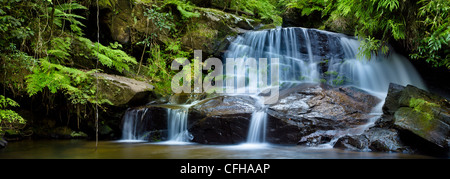 Heiligen Wasserfall und Pool in montanen Regenwald. Andasibe-Mantadia NP, Madagaskar. Genähte Panorama. Stockfoto