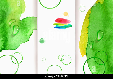 Die grünen farbigen Hintergrund mit Wassertropfen und dem Haufen von bunte Kreise Stockfoto