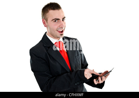 Junge Unternehmer auf seinen neuen Tablet-pc im Internet surfen. Stockfoto