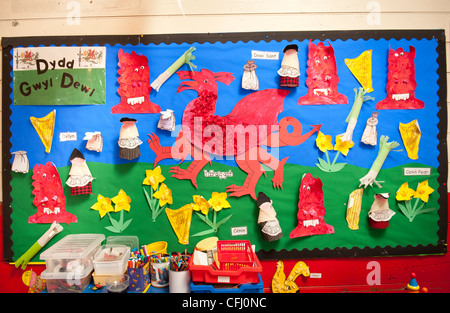 Am 1. März St Davids Tag Wand hängenden bei Cylch Meithryn - der walisischen Sprache Kindergarten Kindergarten Wales UK Stockfoto
