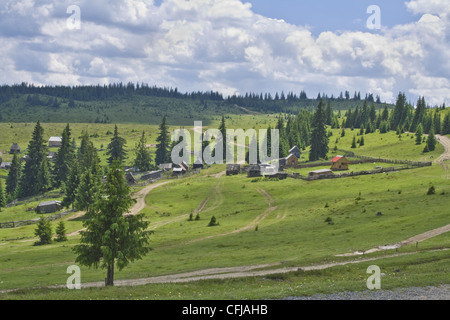 Landschaft mit Schafställen und Häuser irgendwo im Apuseni-Gebirge, Rumänien. Stockfoto