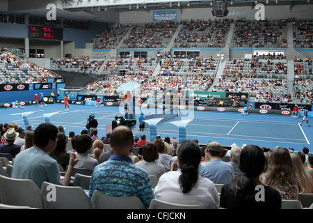 MELBOURNE, Australien - 20. Januar 2012: ATP Welt Nummer 5 Spieler Jo Wilfried Tsonga und Frederico Gil Hisense Arena. Stockfoto