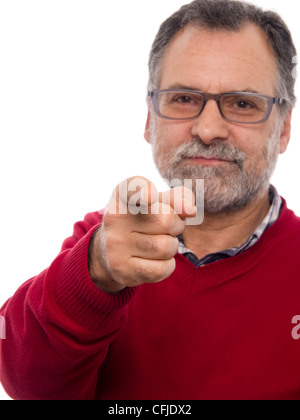 Porträt von einem mittleren Alters bärtigen Mann mit seinem Finger auf die Kamera Stockfoto