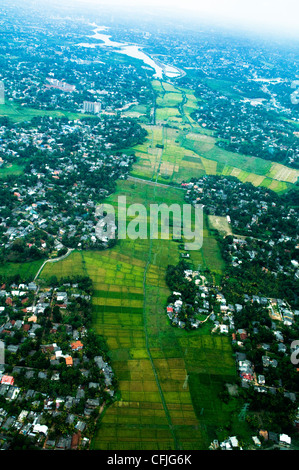 Luftaufnahme von Reisfeldern umgeben von Dörfern in Sri Lanka. Stockfoto