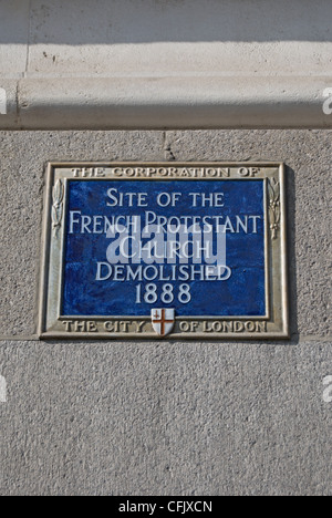 Stadt von London blue Plaque Kennzeichnung der Website des französischen protestantischen Kirche, St.-Martins le grand, London, england Stockfoto