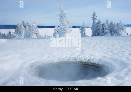 Black-Pool, eine geothermische heiße Quelle, umgeben von Schnee im Winter, am West Thumb Geyser Basin; Yellowstone-Nationalpark. Stockfoto