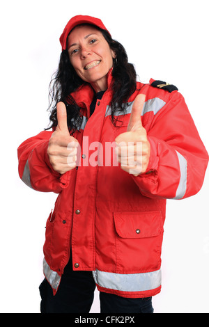 Reife Firewoman mit positiven Ausdruck, isoliert auf weiss. Stockfoto