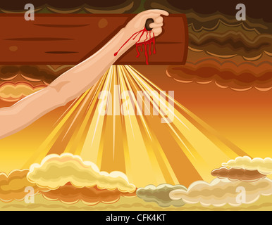 Religiöse Osterkarte mit Hand von Jesus ans Kreuz genagelt. Über dramatischen Himmel. Stockfoto