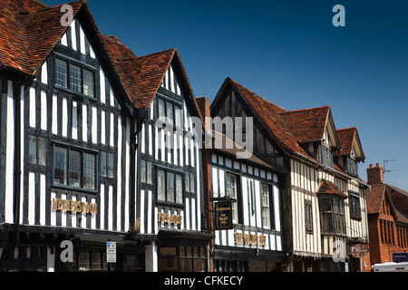 Warwickshire, Stratford on Avon, Sheep Street, halbe Fachwerkhaus Obergeschoss des Goldenen Biene pub Stockfoto