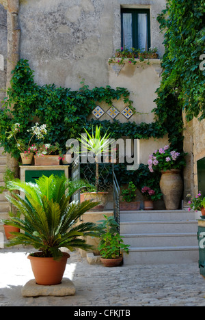 Erice. Sizilien. Italien. Ansicht der charmante Innenhof Garten überfüllt mit bunten Pflanzen und Blumen in der Stockfoto