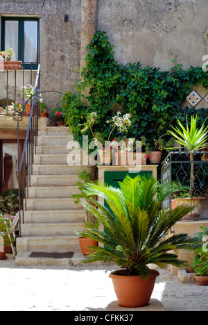 Erice. Sizilien. Italien. Ansicht der charmante Innenhof Garten überfüllt mit bunten Pflanzen und Blumen in der Stockfoto