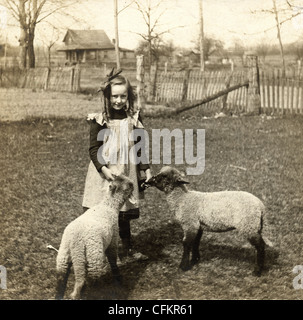 Kleines Mädchen Fütterung zwei junge Schafe Stockfoto