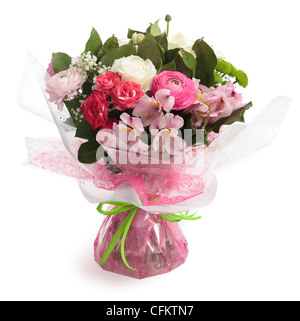 Blumenstrauß einschließlich Rosen, Ranunkeln, Alstroemeria, Peruanische Lilie und grüne Chrysantheme. Stockfoto