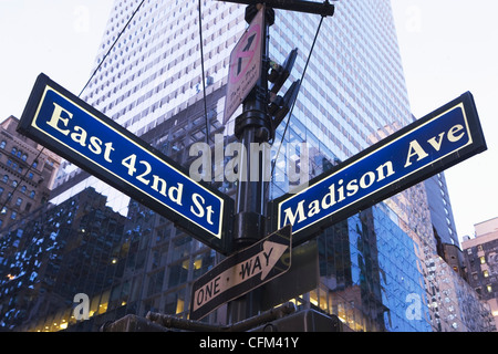 USA, New York State, New York City, niedrigen Winkel mit Blick auf Straßennamen Schriftzug Stockfoto